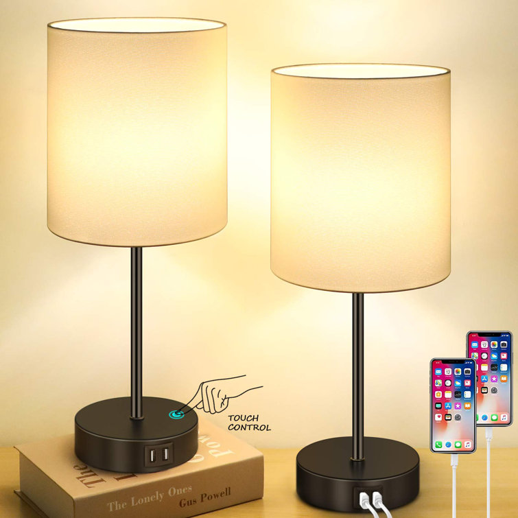 Latitude Run® Set Of 2 Touch Control 3Way Dimmable Bedside Table Lamp, 2 USB Charging Ports